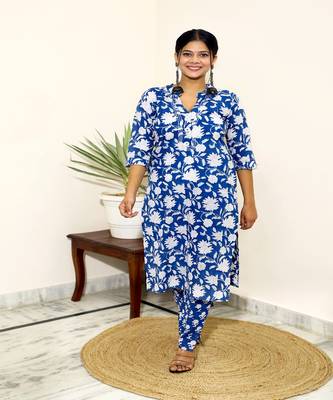 cotton-hand-block-print-kurta-set-blue-white 2