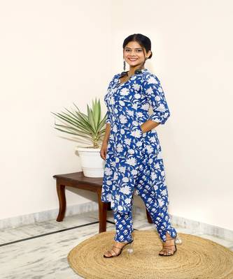 cotton-hand-block-print-kurta-set-blue-white 3