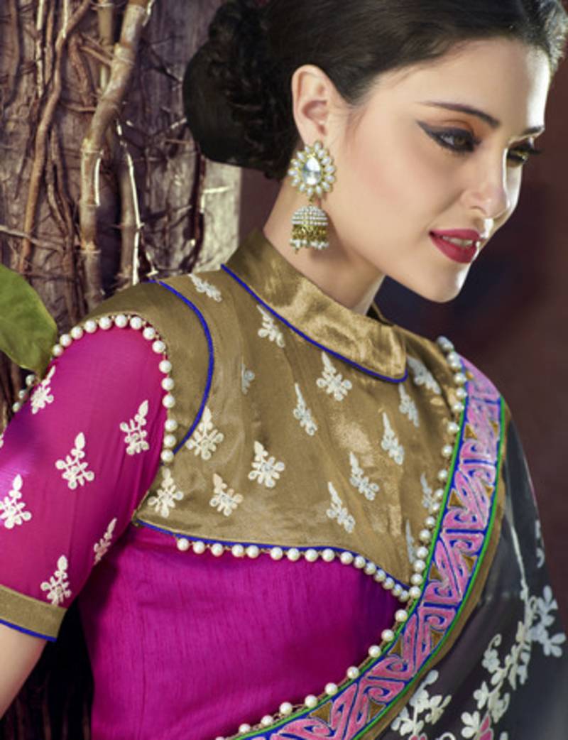 pink saree with grey blouse