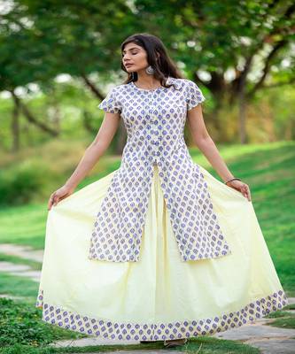 hand-block-print-yellow-blue-kurta-and-skirt-set 1