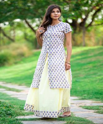 hand-block-print-yellow-blue-kurta-and-skirt-set 3