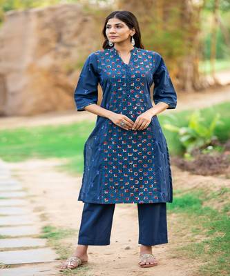 cotton-blue-block-print-kurta-set 1