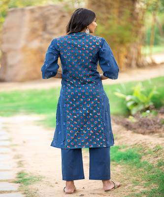 cotton-blue-block-print-kurta-set 2