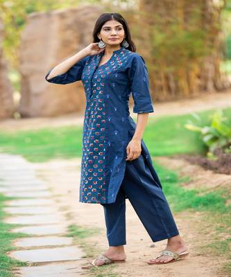 cotton-blue-block-print-kurta-set 4