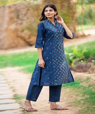 cotton-blue-block-print-kurta-set 5