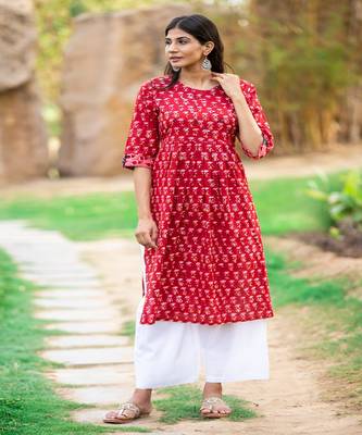 cotton-red-white-hand-block-kurta-set 1