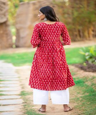 cotton-red-white-hand-block-kurta-set 2