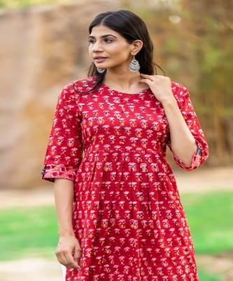 cotton-red-white-hand-block-kurta-set 3