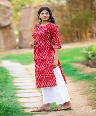 cotton-red-white-hand-block-kurta-set 4