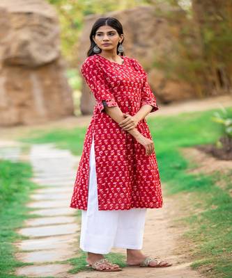 cotton-red-white-hand-block-kurta-set 5