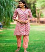 cotton-pink-peach-hand-block-print-Angarkha kurta-set