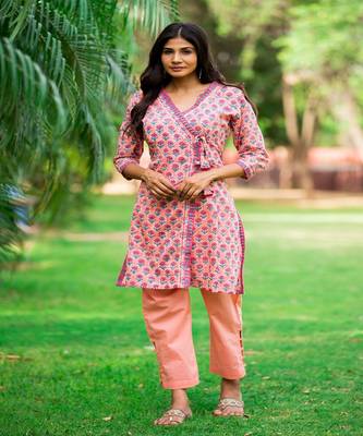 cotton-pink-peach-hand-block-print-Angarkha kurta-set 5