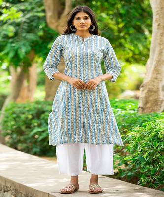 blue-gray-white-hand-block-print-kurta-set 1