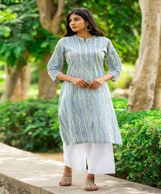 blue-gray-white-hand-block-print-kurta-set 4