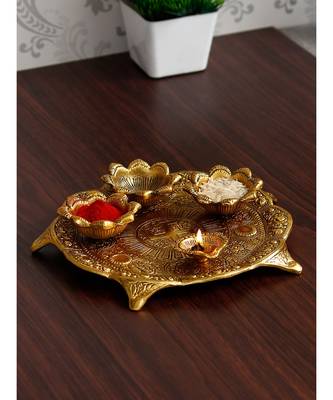 eCraftIndia Swastik Golden Metal Pooja Thali with 3 Bowls and 1 Diya 1