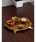 eCraftIndia Swastik Golden Metal Pooja Thali with 3 Bowls and 1 Diya