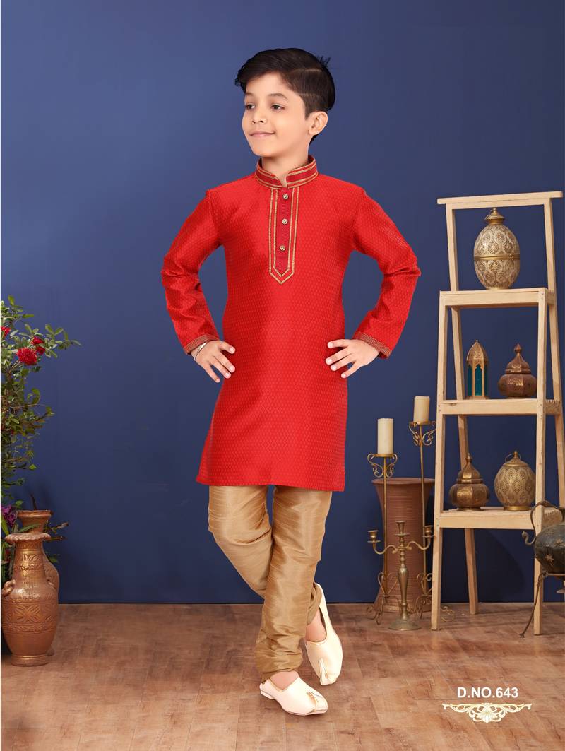 Boy's Red Color Blackberry Kurta Churidar Set
