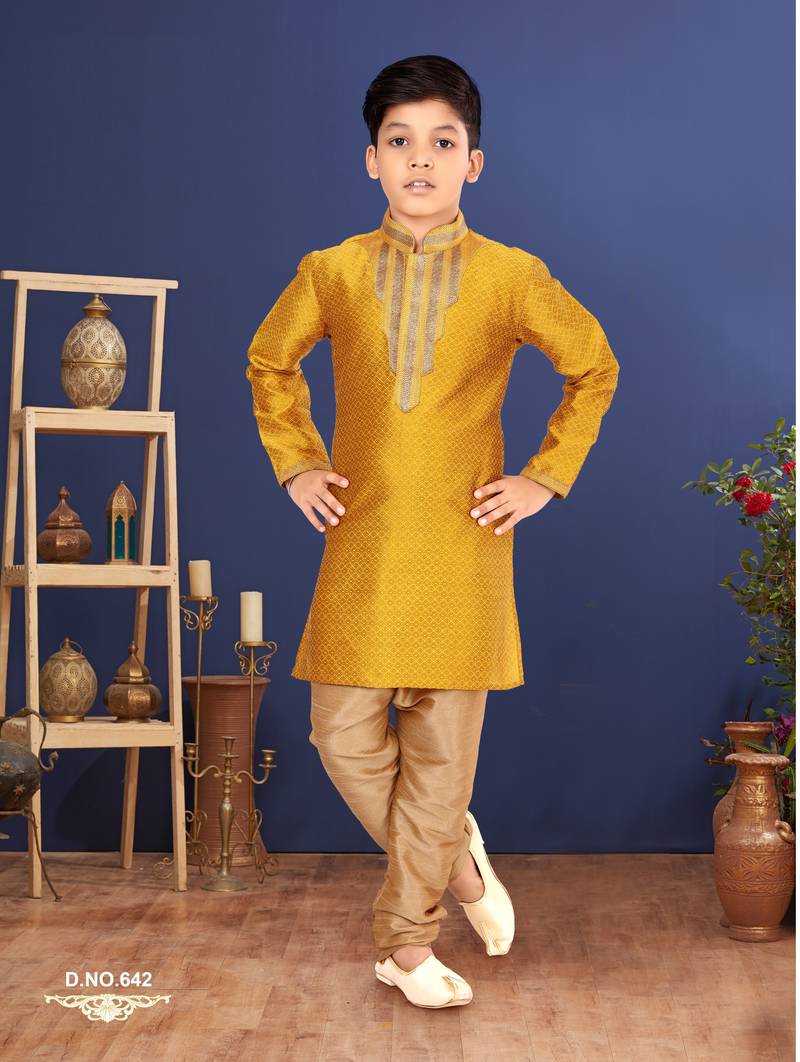 Boy's Yellow Color Blackberry Kurta Churidar Set