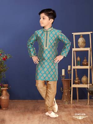 Boy's Teal Blue Color Jacquard Silk Kurta Churidar Set 1