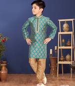Boy's Teal Blue Color Jacquard Silk Kurta Churidar Set