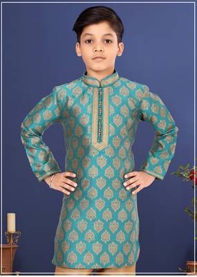 Boy's Teal Blue Color Jacquard Silk Kurta Churidar Set 7
