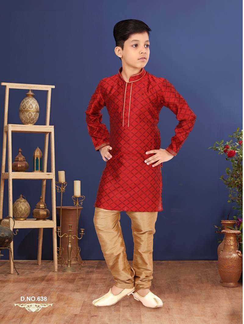 Boy's Red Color Blackberry Kurta Churidar Set