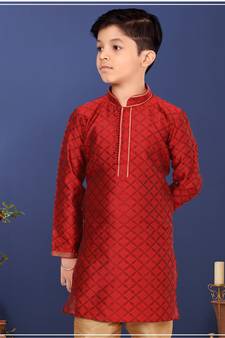 Boy's Red Color Blackberry Kurta Churidar Set