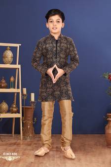Boy's Black Resham Embroidered Dupion Silk Kurta Churidar