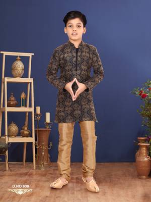 Boy's Black Resham Embroidered Dupion Silk Kurta Churidar 1