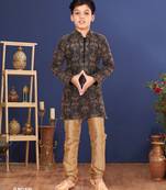 Boy's Black Resham Embroidered Dupion Silk Kurta Churidar