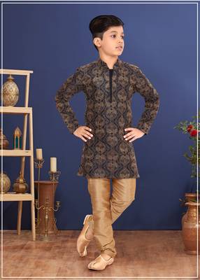 Boy's Black Resham Embroidered Dupion Silk Kurta Churidar 7