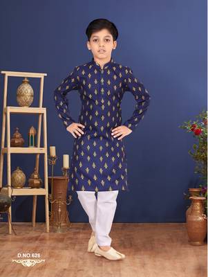 Boy's Navy Blue Cotton Printed Kurta Churidar 7