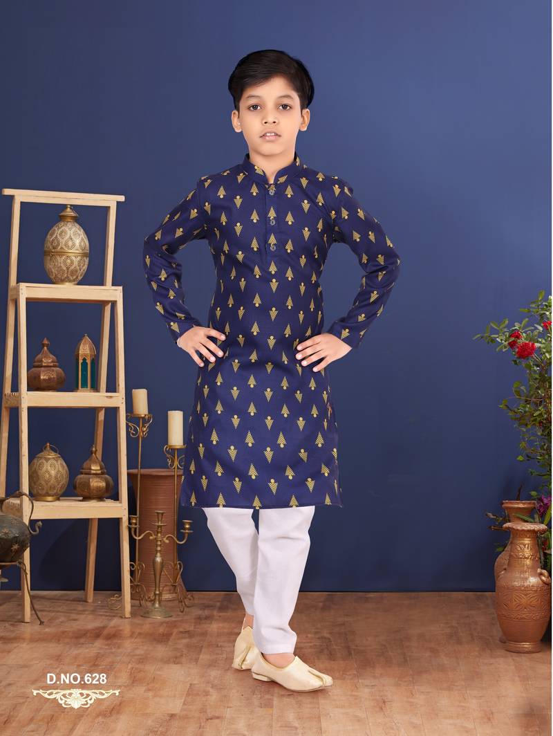 Boy's Navy Blue Cotton Printed Kurta Churidar