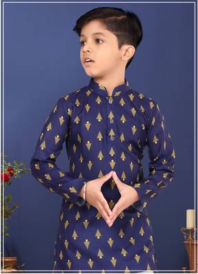 Boy's Navy Blue Cotton Printed Kurta Churidar 1
