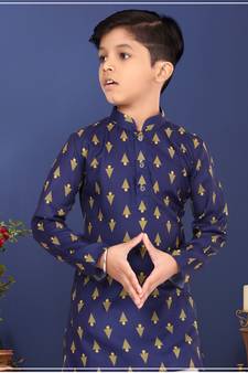 Boy's Navy Blue Cotton Printed Kurta Churidar