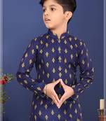 Boy's Navy Blue Cotton Printed Kurta Churidar