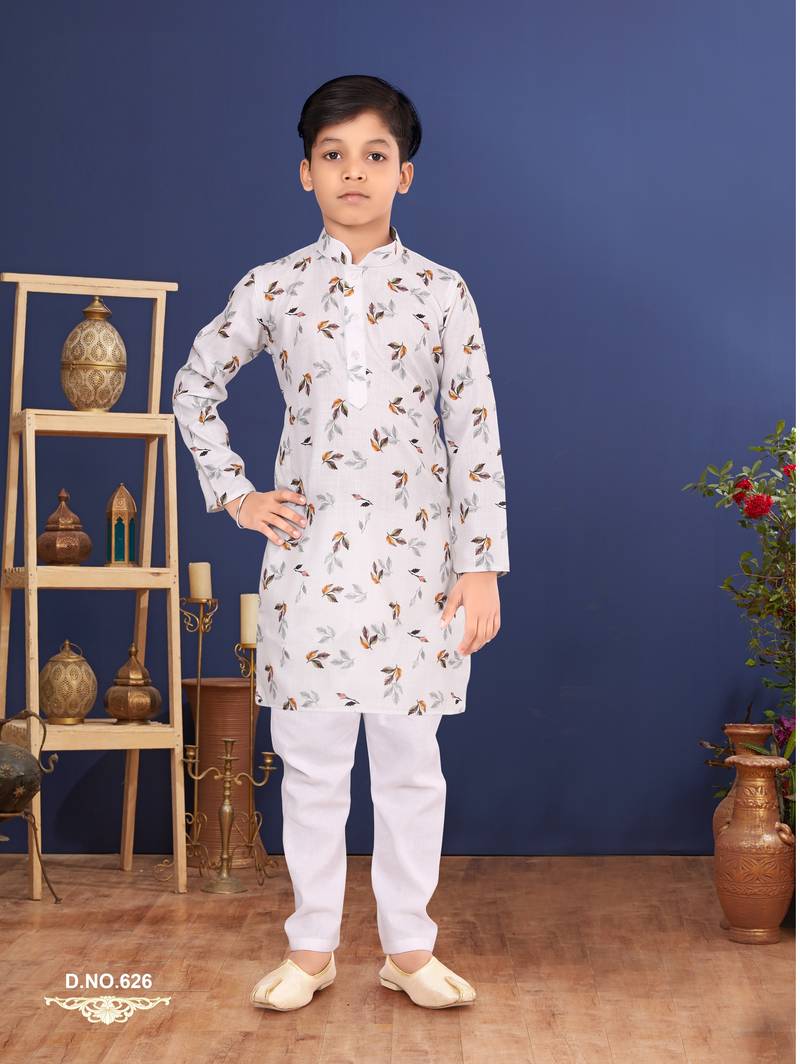 Boy's Off White Cotton Printed Kurta Churidar