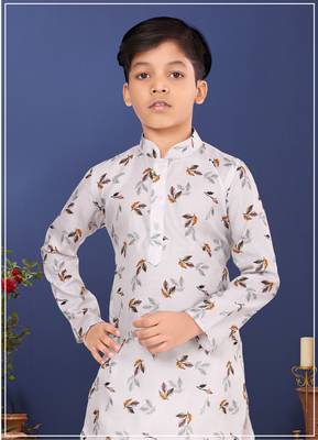Boy's Off White Cotton Printed Kurta Churidar 1