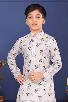 Boy's Off White Cotton Printed Kurta Churidar