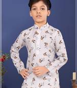 Boy's Off White Cotton Printed Kurta Churidar