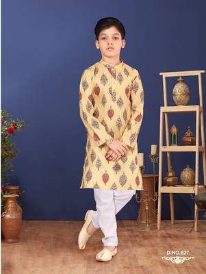 Boy's Yellow Cotton Printed Kurta Churidar 7