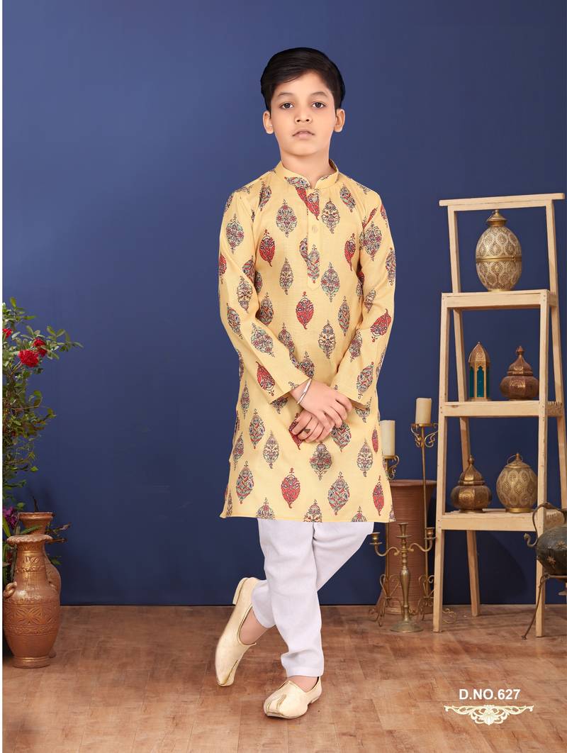 Boy's Yellow Cotton Printed Kurta Churidar