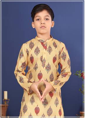 Boy's Yellow Cotton Printed Kurta Churidar 1
