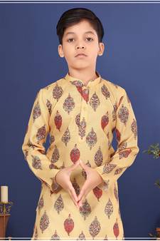 Boy's Yellow Cotton Printed Kurta Churidar