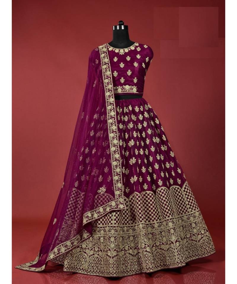 Wine Heavy Embroidered Soft Net Wedding Lehenga Choli