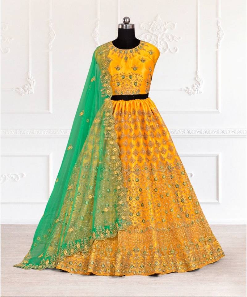 Yellow or Green Heavy Embroidered Soft Net Haldi Special Lehenga Choli - Gajiwala - 3896161 Yellow or Green Heavy Embroidered Soft Net Haldi Special Lehenga Choli - Gajiwala - 3896161