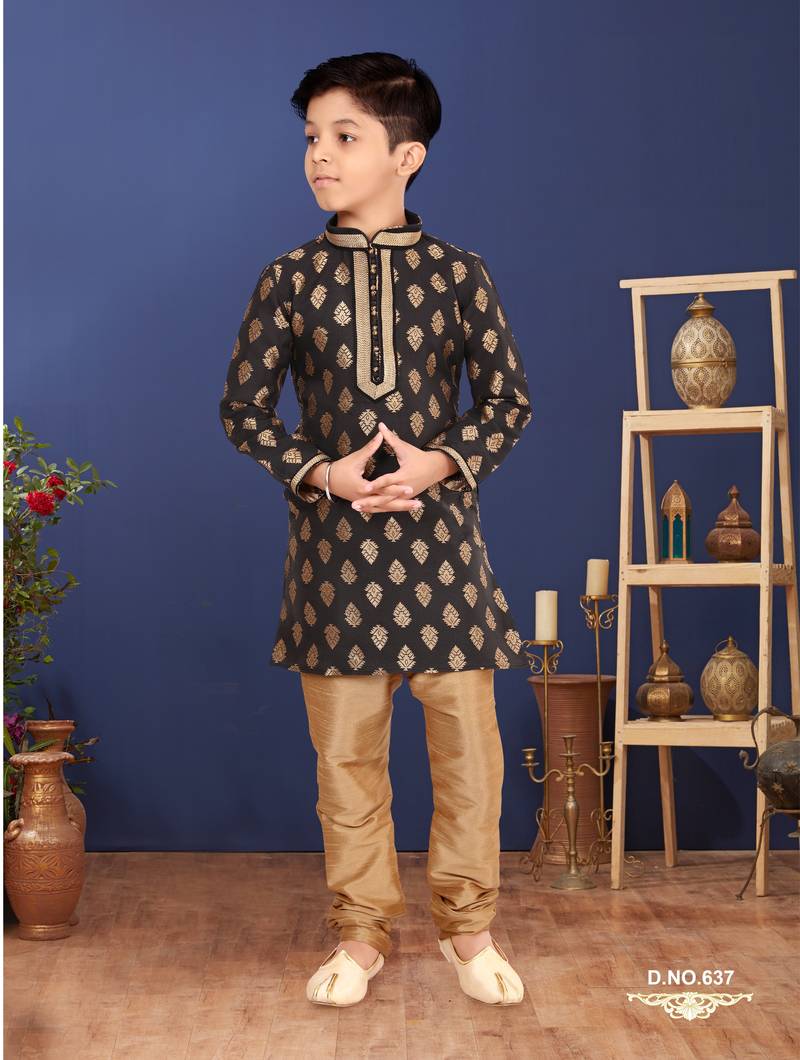Boy's Black Color Jacquard Silk Kurta Churidar Set