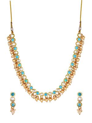 Kundan Turquoise Gold Plated Semi Precious Stone Elegant Designer Necklace Set For Women And Girl 2