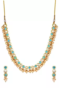 Kundan Turquoise Gold Plated Semi Precious Stone Elegant Designer Necklace Set For Women And Girl