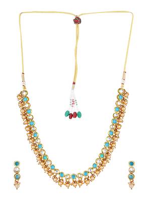 Kundan Turquoise Gold Plated Semi Precious Stone Elegant Designer Necklace Set For Women And Girl 3